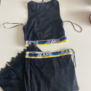 Black Lace Jeans Skirt and Top Set